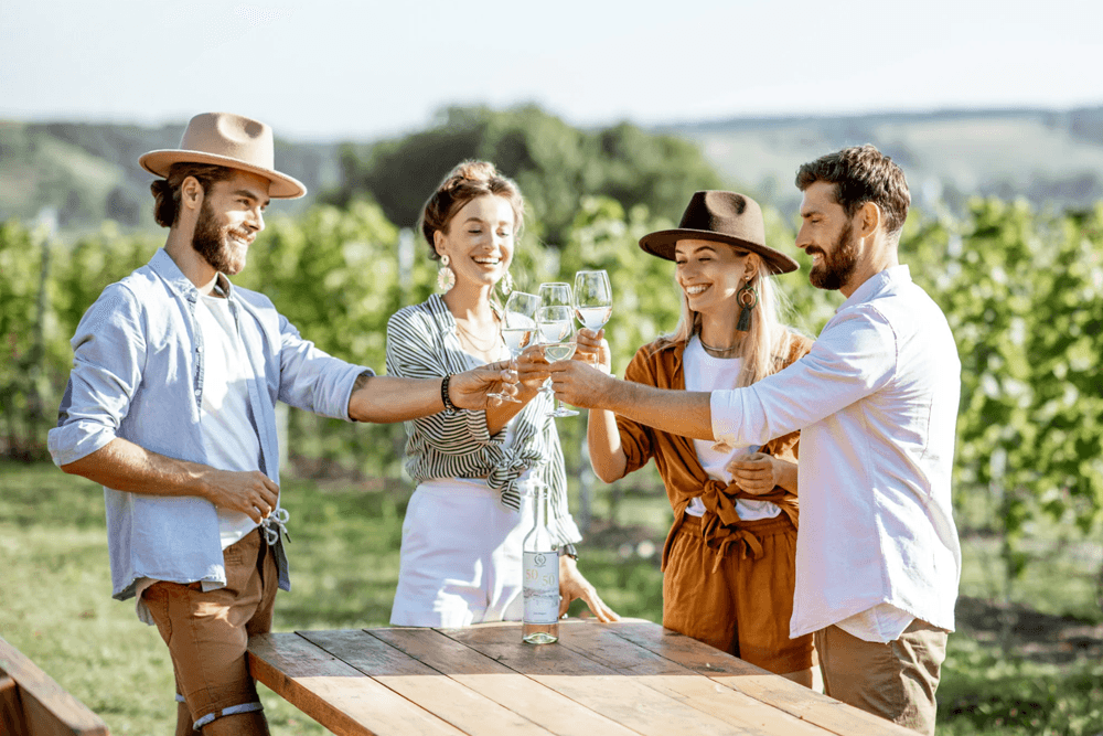 Four friends toast with glasses of wine in a vineyard.